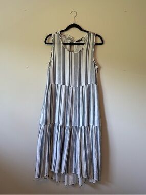 RDI Sleeveless Striped Tiered Midi Dress Size Medium Blue White Gauze Boho